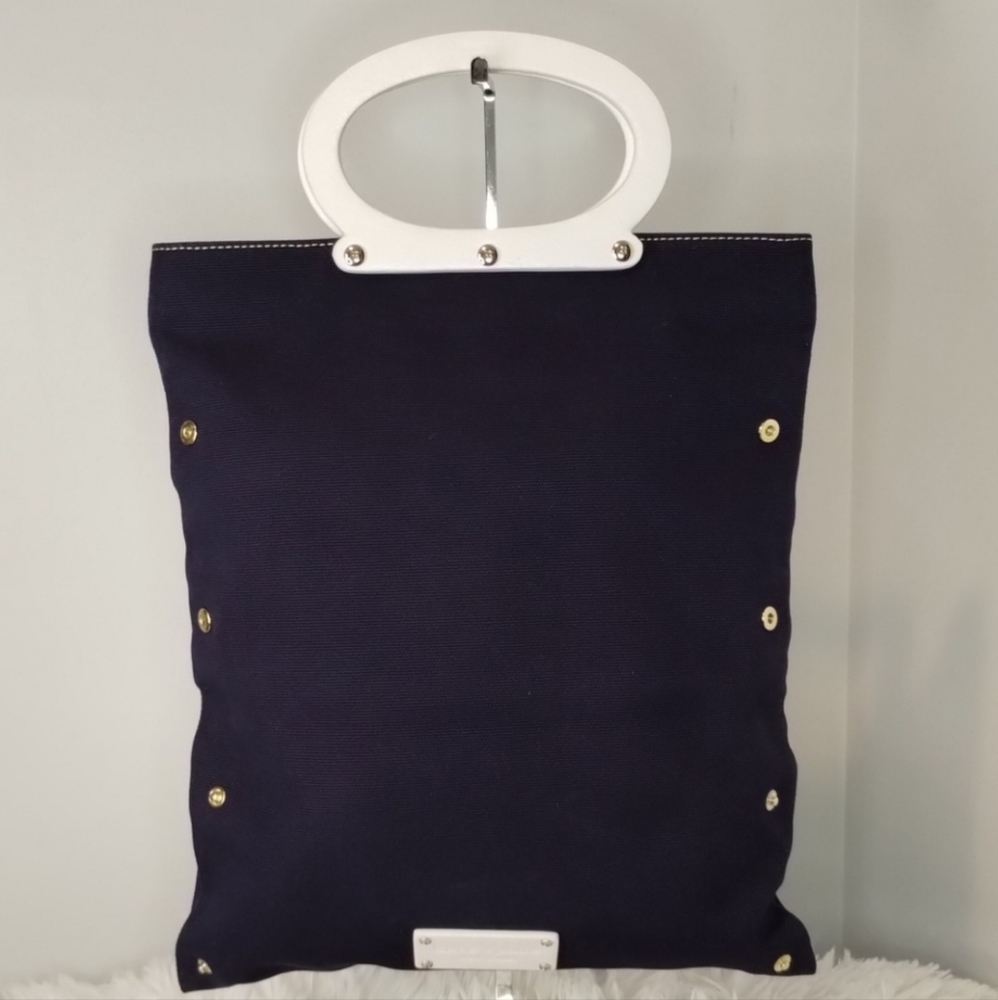 Kate Spade Navy White Convertible Foldover Clutch Magazine Tote Bag